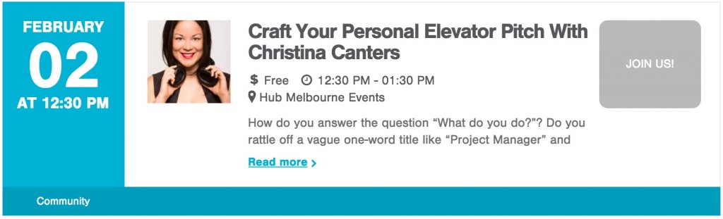 elevator pitch workshop Christina Canters hub melbourne